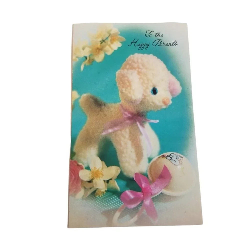 Vintage Baby Card Sunshine Line Congratulations Lamb Plush Stuffed Animal Unused